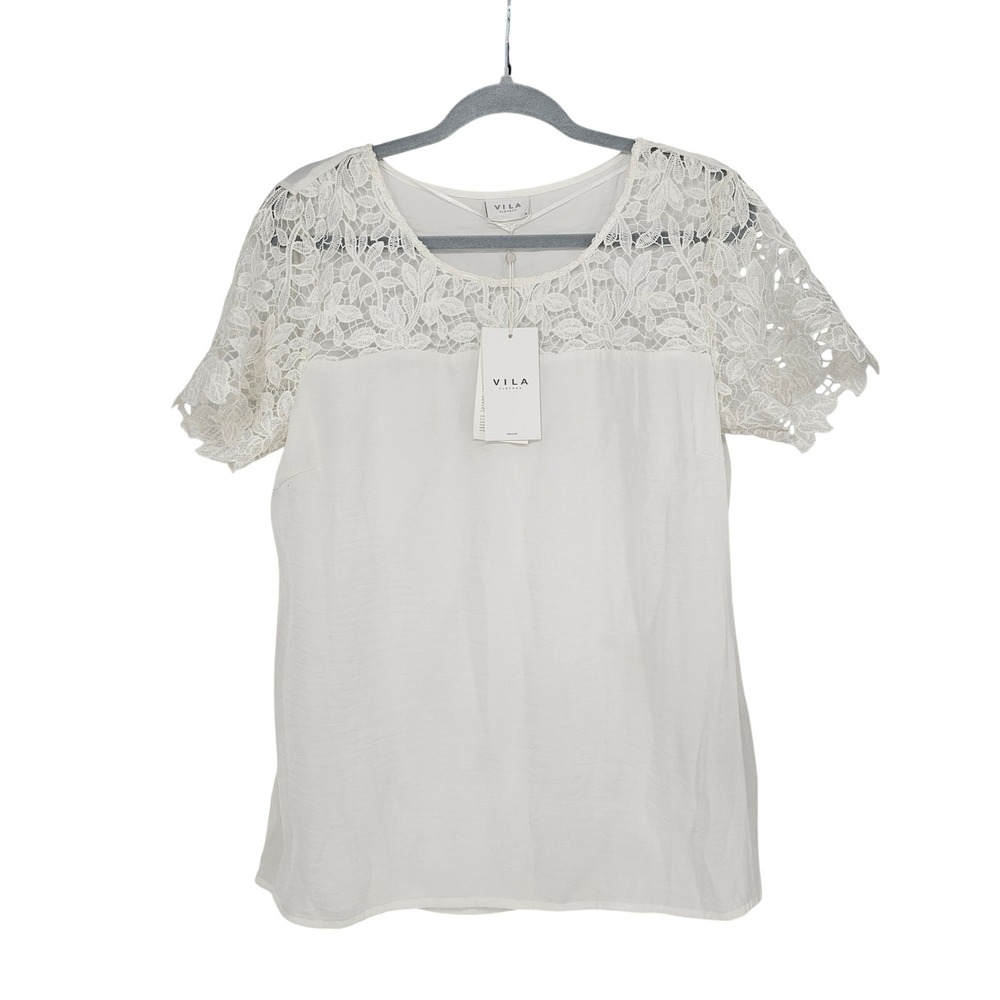 Cottagecore Floral Lace‎ Yoke Top M White Short Sleeve Lightweight Romantic Boho